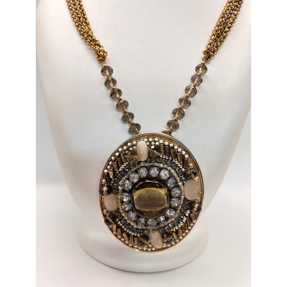 Chico's Statement Necklace Women OS Gold Good Beaded Rhinestone Pendant